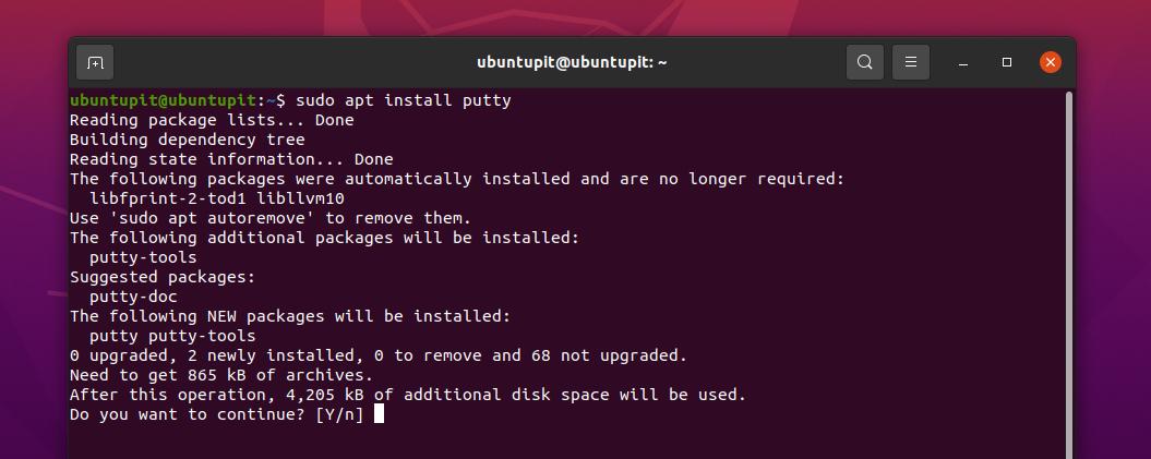  instala el cliente putty ssh en ubuntu Linux 