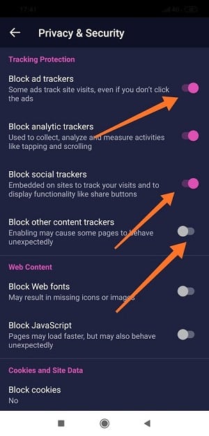 Firefox-Focus-Privacy-Settings to stop pop-up ads on Android